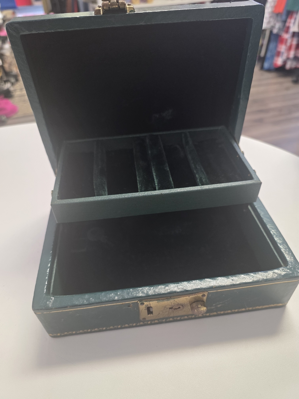 Vintage Green Jewelry Organizer Box with Velvet Interior